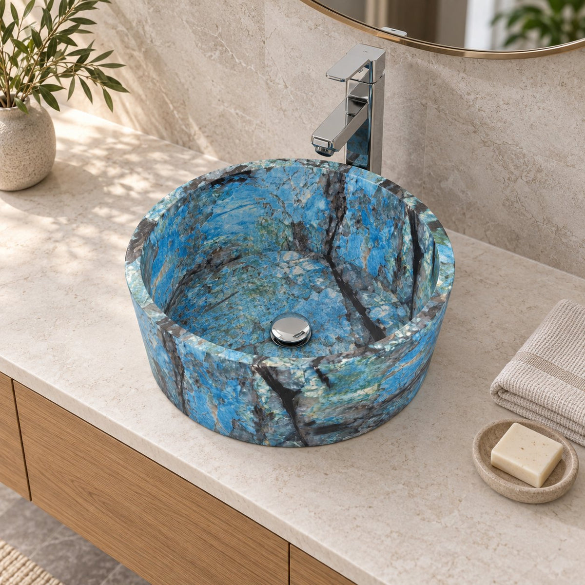 Sauri Danube Blue Quartzite Vessel Sink — overhead bathroom lifestyle