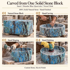 Sauri Danube Blue Quartzite Vessel Sink carved from one solid stone block, showing manual hammer-and-chisel carving, hand shaping and hand polishing; custom stone, size and finish.