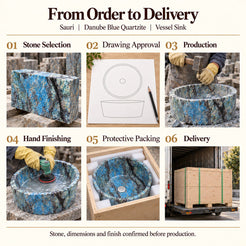 Sauri Danube Blue Quartzite Vessel Sink from order to delivery: material selection, drawing approval, production, hand finishing, protective foam packing in a plywood crate and delivery; specifications confirmed before production.