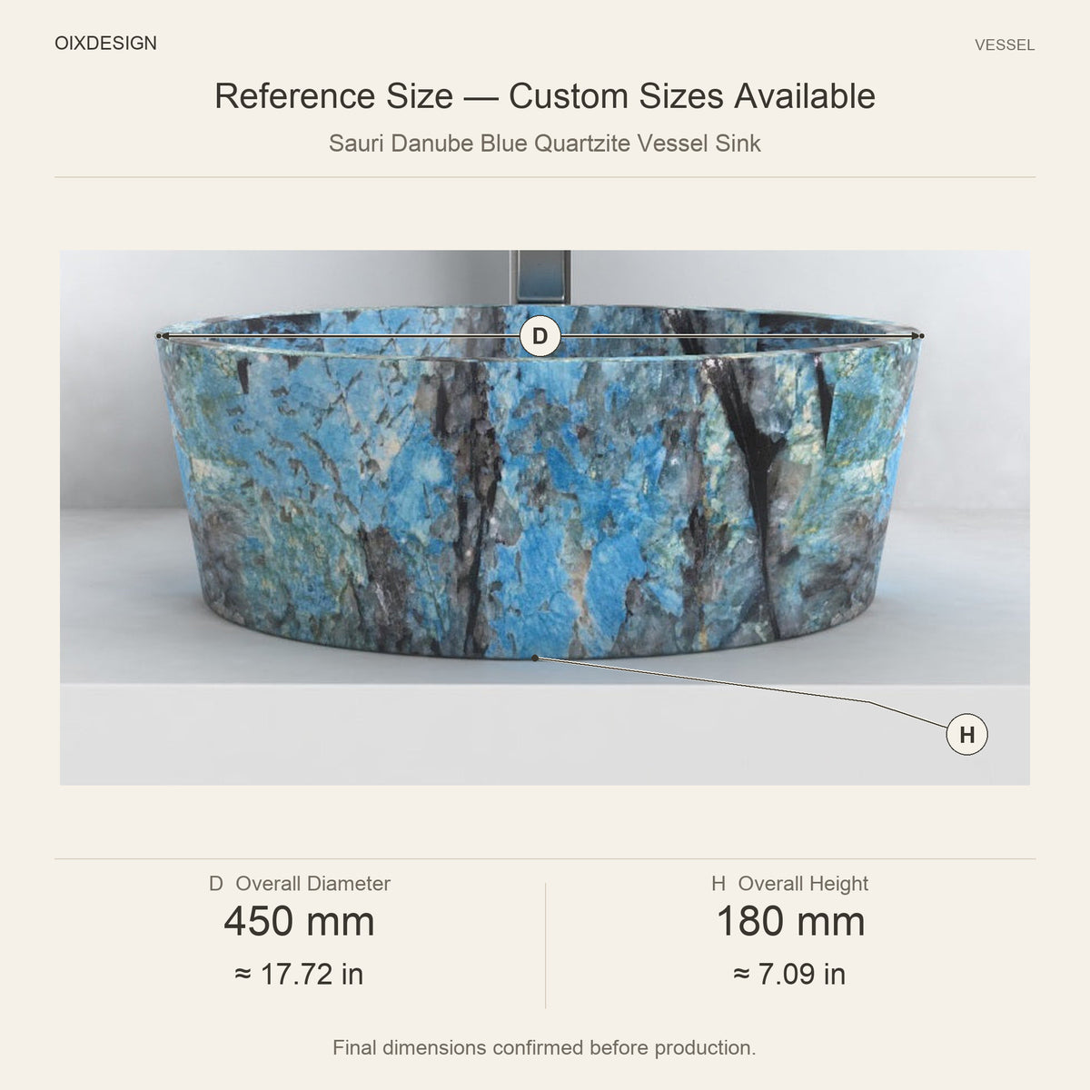 Sauri Danube Blue Quartzite Vessel Sink reference overall dimensions in millimeters and inches