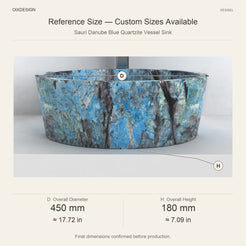 Sauri Danube Blue Quartzite Vessel Sink reference overall dimensions in millimeters and inches