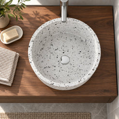 Sauri White Terrazzo Vessel Sink — overhead bathroom lifestyle