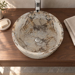 Sauri Pandora Blanc Quartzite Vessel Sink — high overhead bathroom lifestyle