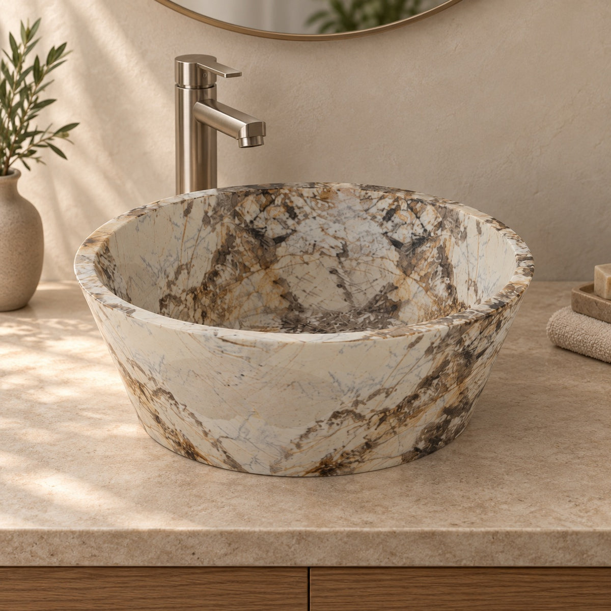 Sauri Pandora Blanc Quartzite vessel sink, alternate lifestyle view showing bowl and countertop