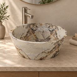 Sauri Pandora Blanc Quartzite vessel sink, alternate lifestyle view showing bowl and countertop