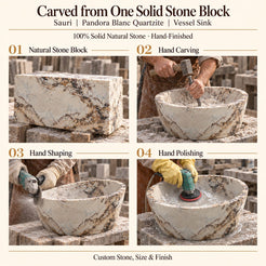Sauri Pandora Blanc Quartzite Vessel Sink carved from one solid stone block, showing manual hammer-and-chisel carving, hand shaping and hand polishing; custom stone, size and finish.