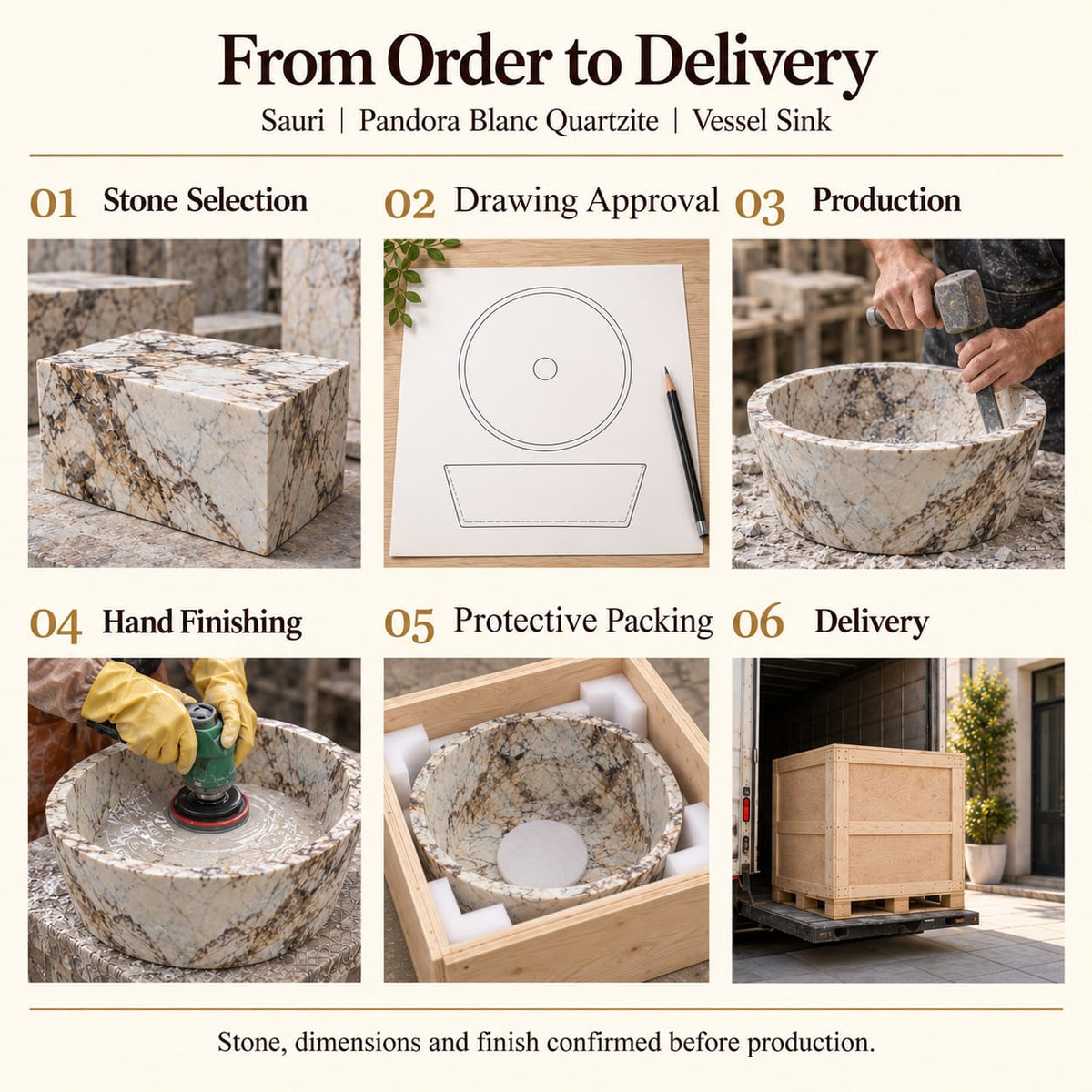 Sauri Pandora Blanc Quartzite Vessel Sink from order to delivery: material selection, drawing approval, production, hand finishing, protective foam packing in a plywood crate and delivery; specifications confirmed before production.