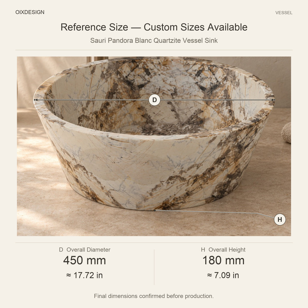 Sauri Pandora Blanc Quartzite Vessel Sink reference overall dimensions in millimeters and inches