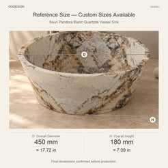 Sauri Pandora Blanc Quartzite Vessel Sink reference overall dimensions in millimeters and inches