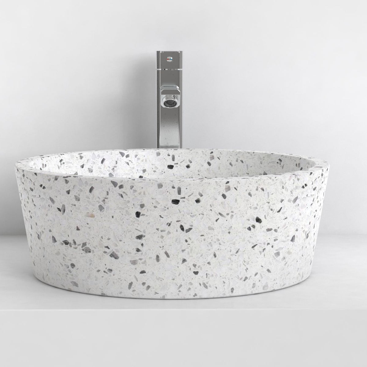 Sauri front view of the speckled white terrazzo basin
