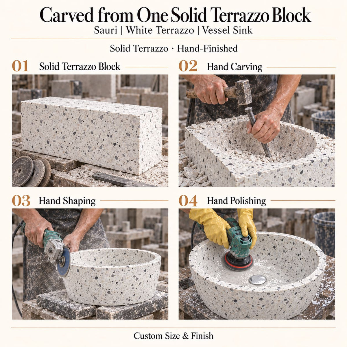 Sauri White Terrazzo Vessel Sink carved from one solid terrazzo block, with hand carving, hand shaping and hand polishing; custom size and finish.