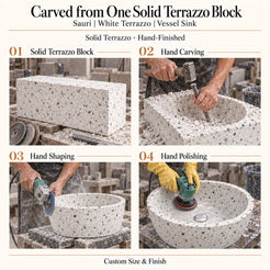 Sauri White Terrazzo Vessel Sink carved from one solid terrazzo block, with hand carving, hand shaping and hand polishing; custom size and finish.