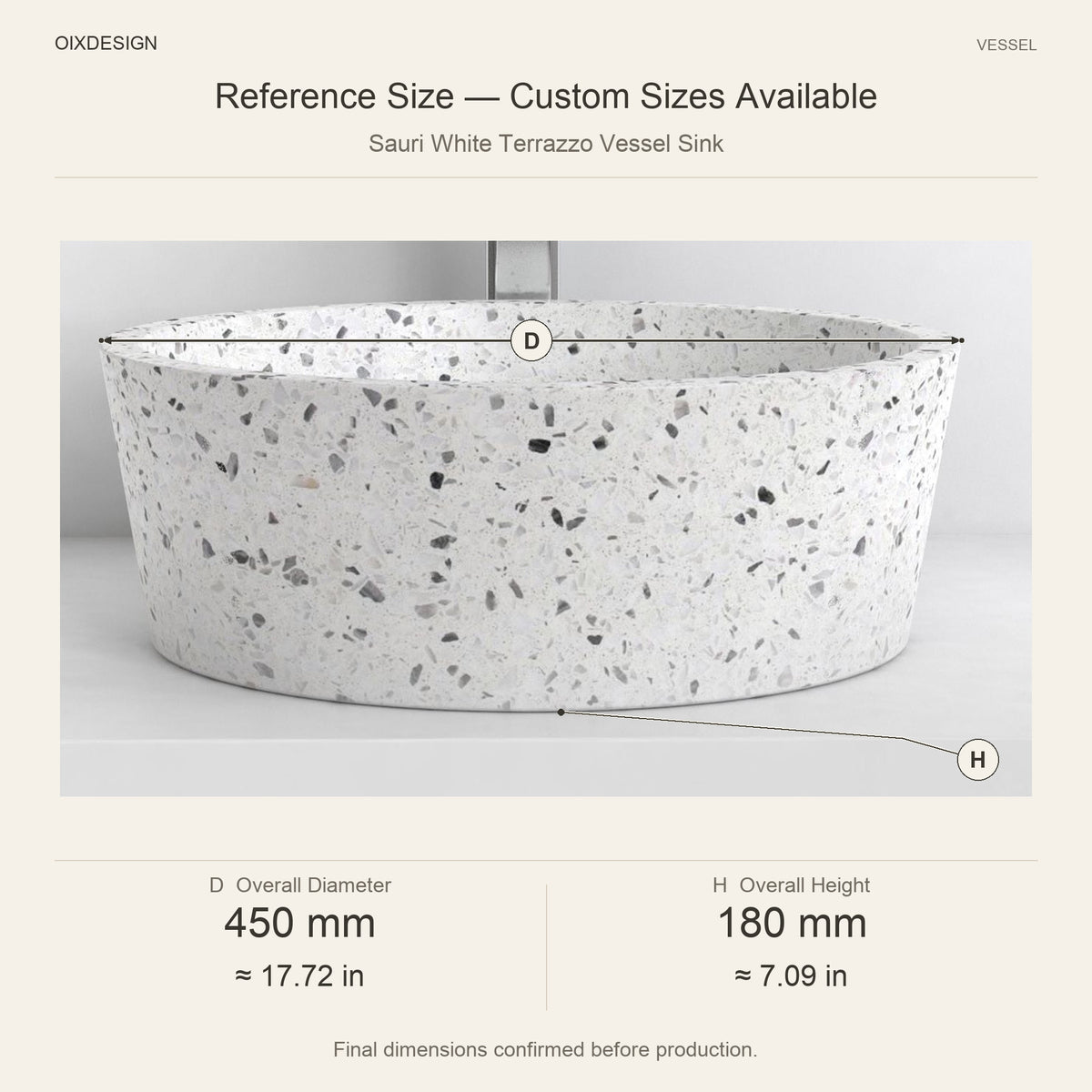 Sauri White Terrazzo Vessel Sink reference overall dimensions in millimeters and inches