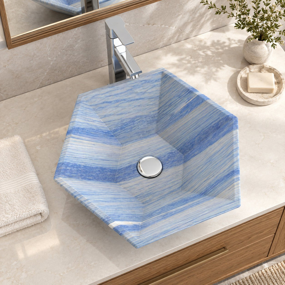 Scarlet Azura Blue Quartzite Vessel Sink — overhead bathroom lifestyle