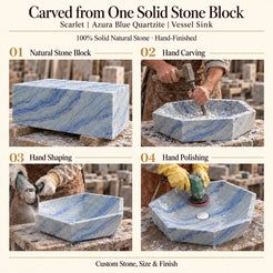 Scarlet Azura Blue Quartzite Vessel Sink carved from one solid stone block, showing manual hammer-and-chisel carving, hand shaping and hand polishing; custom stone, size and finish.