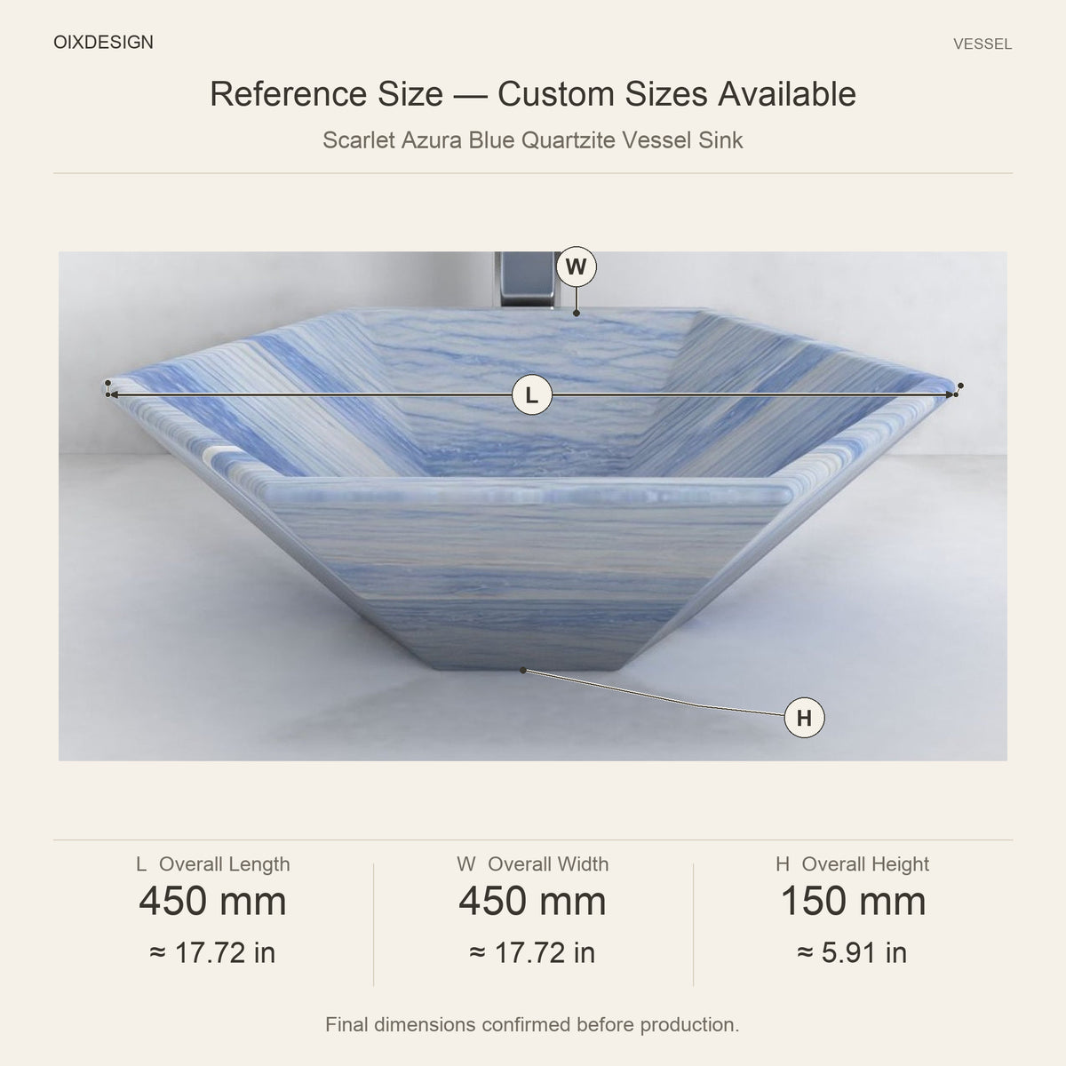 Scarlet Azura Blue Quartzite Vessel Sink reference overall dimensions in millimeters and inches