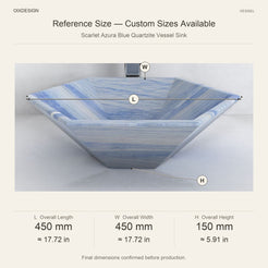 Scarlet Azura Blue Quartzite Vessel Sink reference overall dimensions in millimeters and inches