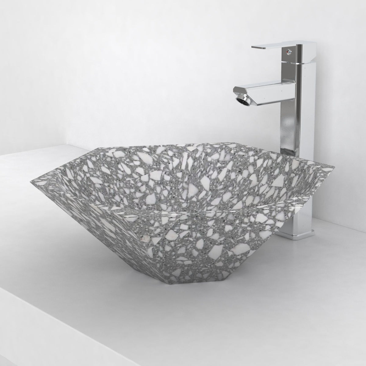 Scarlet classic terrazzo vessel sink, faceted angular bowl, on a countertop, hero lifestyle view