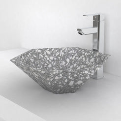 Scarlet classic terrazzo vessel sink, faceted angular bowl, on a countertop, hero lifestyle view