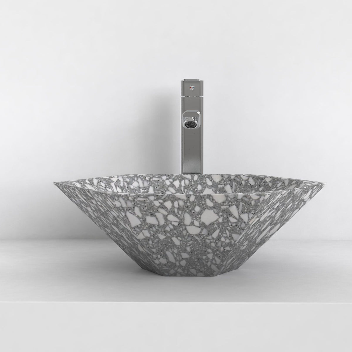 Scarlet classic terrazzo vessel sink, faceted angular bowl, showing the complete exterior profile