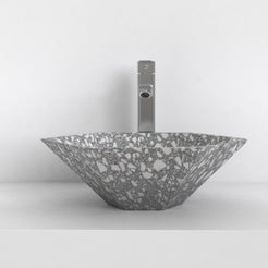 Scarlet classic terrazzo vessel sink, faceted angular bowl, showing the complete exterior profile