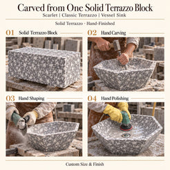 Scarlet Classic Terrazzo Vessel Sink carved from one solid terrazzo block, with hand carving, hand shaping and hand polishing; custom size and finish.
