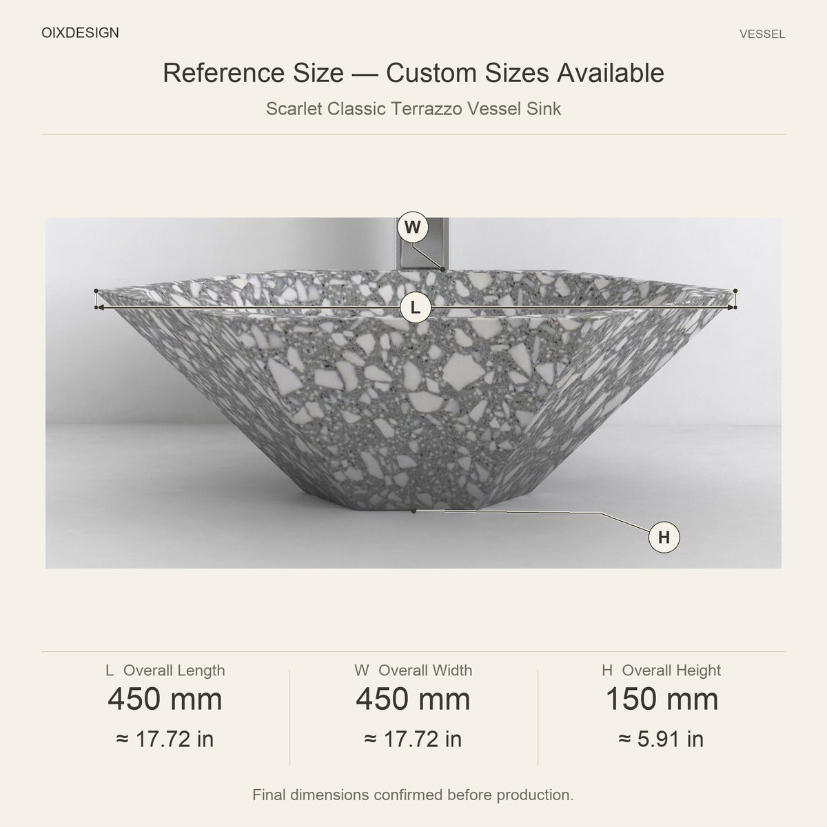 Scarlet Classic Terrazzo Vessel Sink reference overall dimensions in millimeters and inches