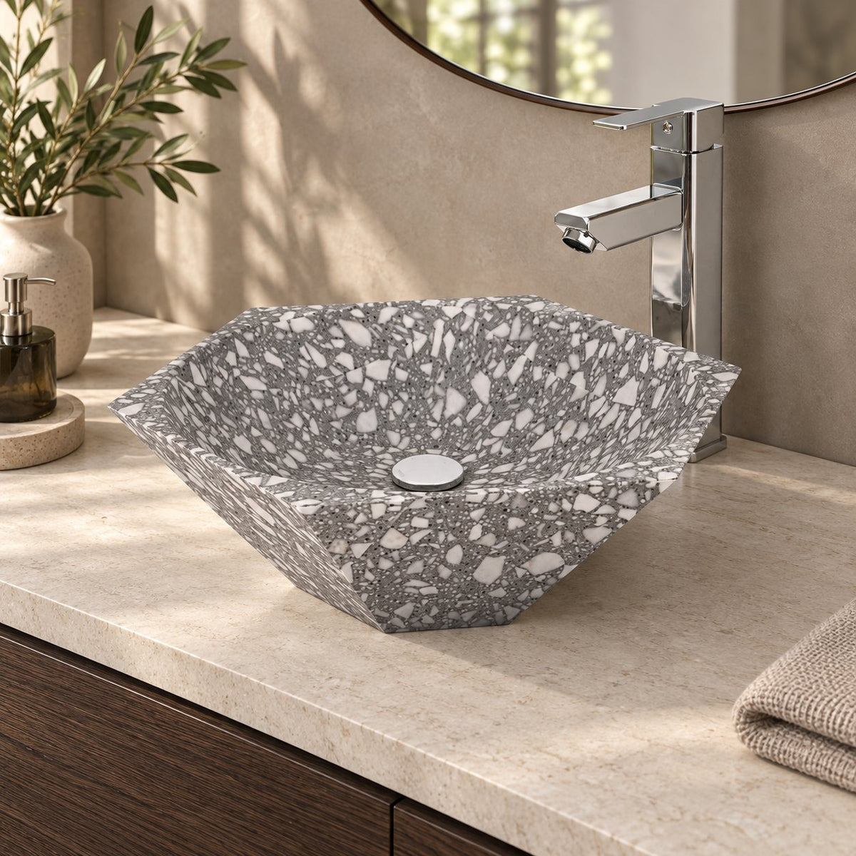 Scarlet Classic Terrazzo Vessel Sink — three-quarter bathroom lifestyle
