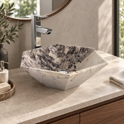 Scarlet Pandora Blanc Quartzite Vessel Sink — three-quarter bathroom lifestyle