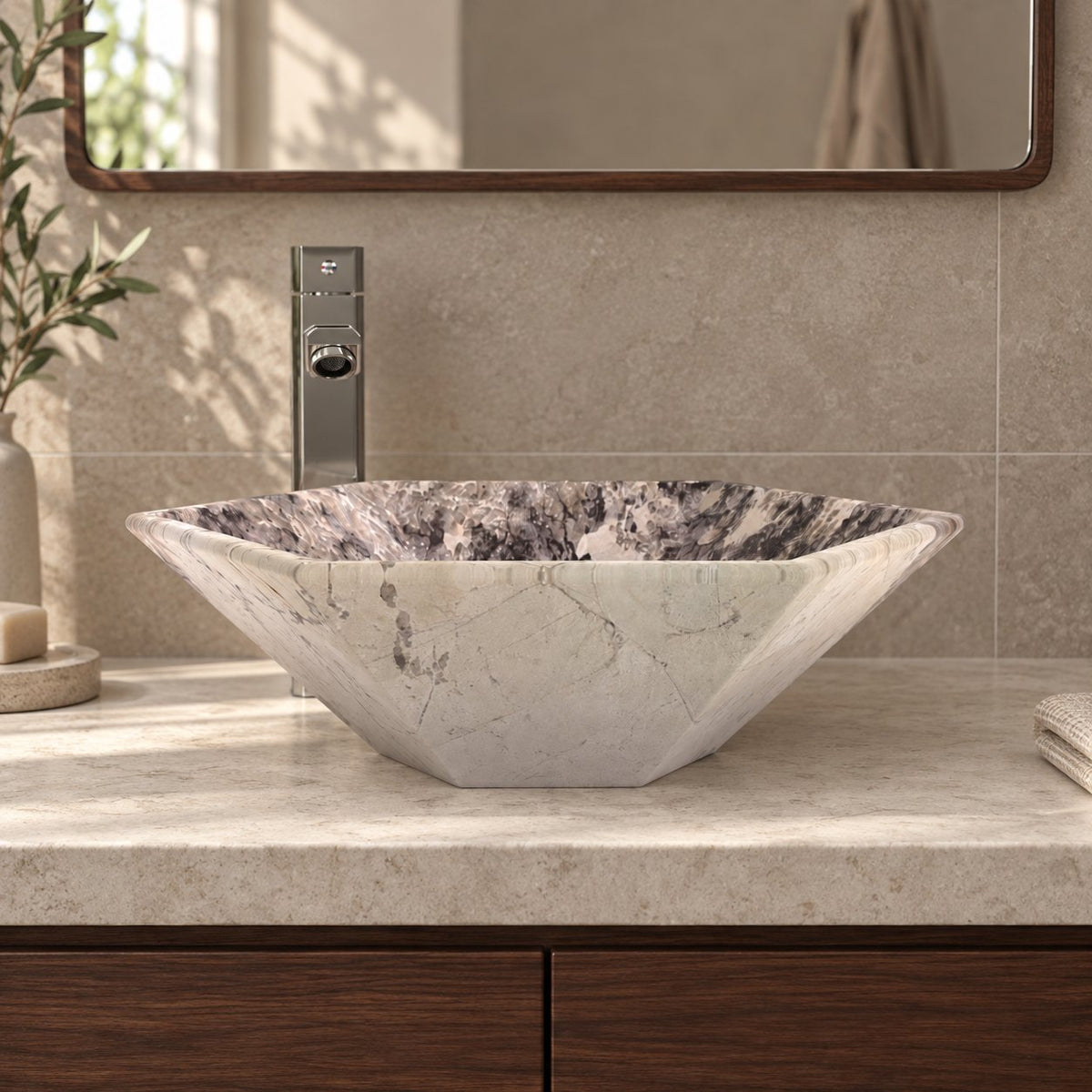 Scarlet Pandora Blanc Quartzite Vessel Sink — low frontal bathroom lifestyle
