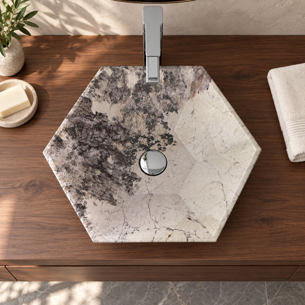 Scarlet Pandora Blanc Quartzite Vessel Sink — overhead bathroom lifestyle