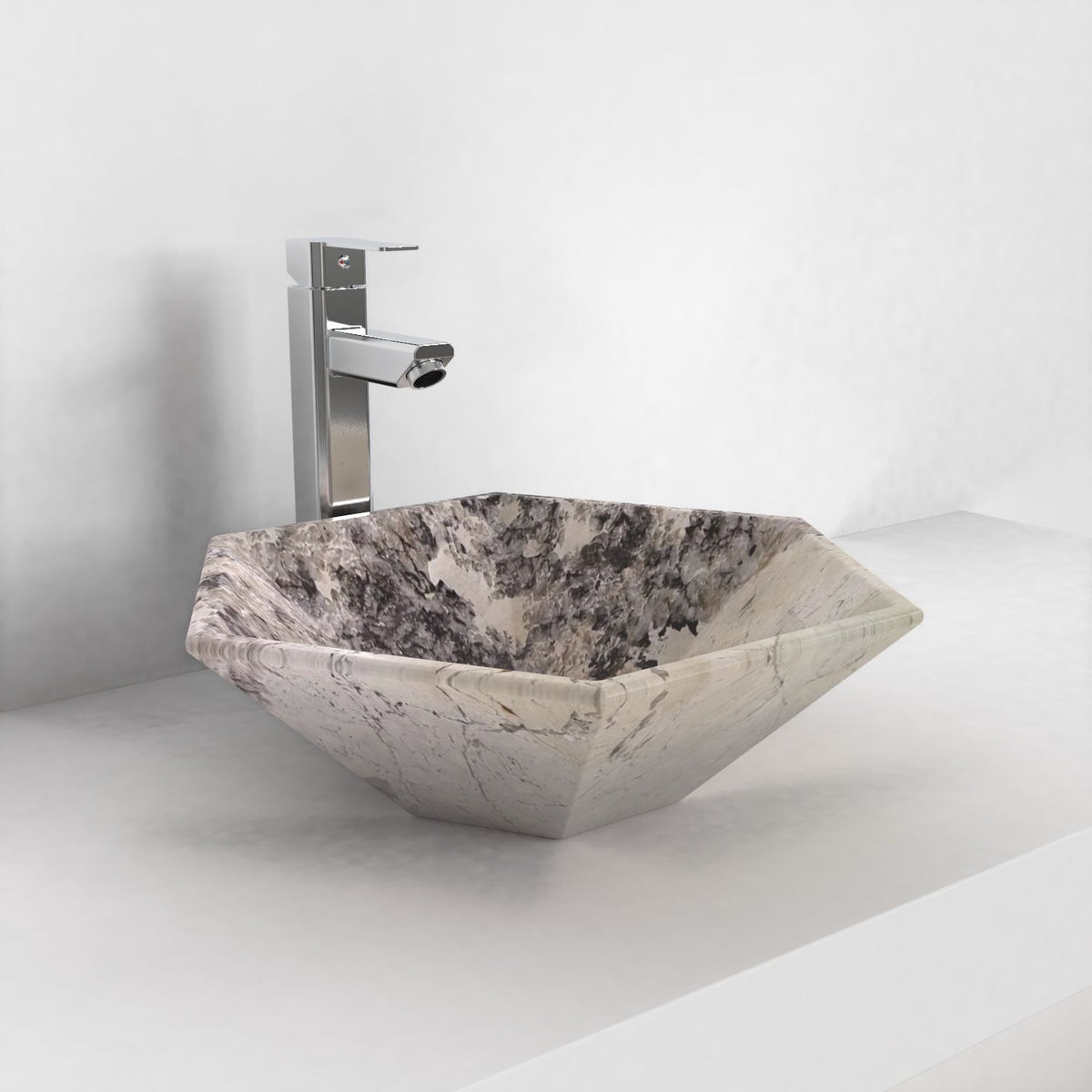 Scarlet Pandora Blanc Quartzite vessel sink, countertop hero lifestyle view