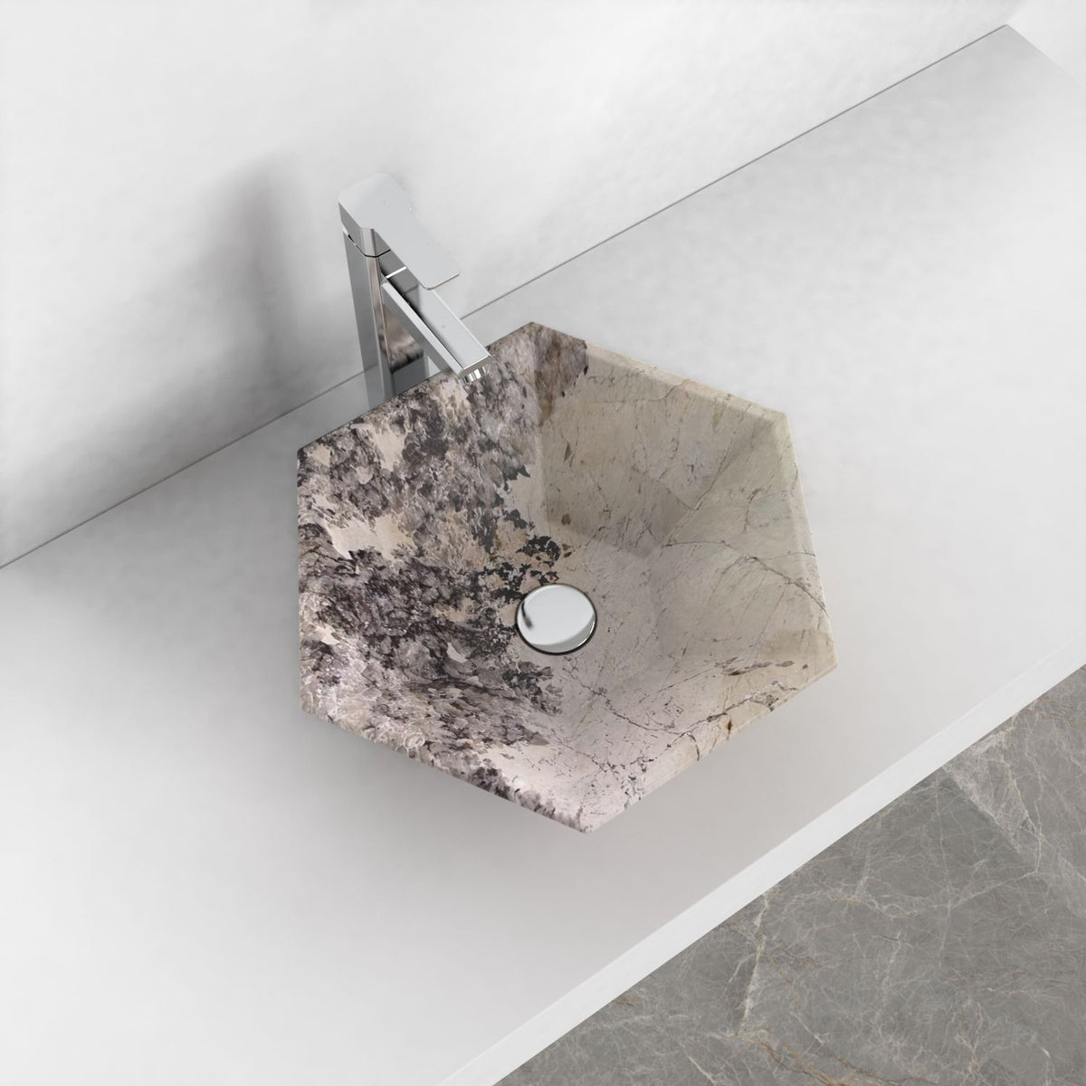 Scarlet Pandora Blanc Quartzite vessel sink, alternate lifestyle view showing bowl and countertop