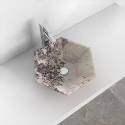Scarlet Pandora Blanc Quartzite vessel sink, alternate lifestyle view showing bowl and countertop