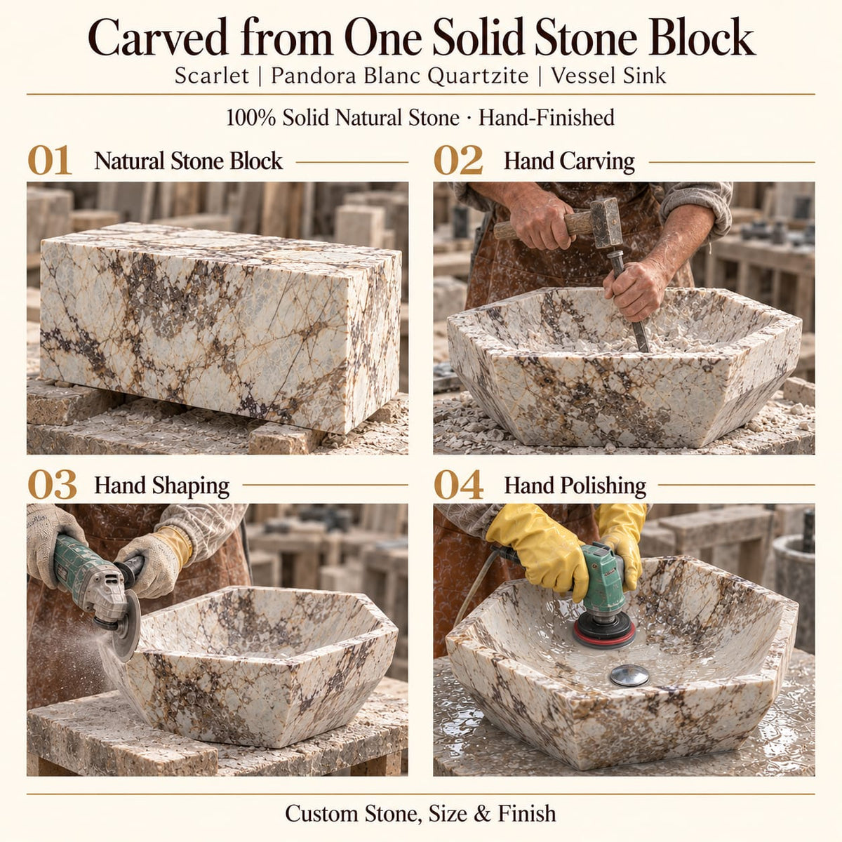 Scarlet Pandora Blanc Quartzite Vessel Sink carved from one solid stone block, showing manual hammer-and-chisel carving, hand shaping and hand polishing; custom stone, size and finish.
