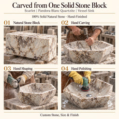 Scarlet Pandora Blanc Quartzite Vessel Sink carved from one solid stone block, showing manual hammer-and-chisel carving, hand shaping and hand polishing; custom stone, size and finish.