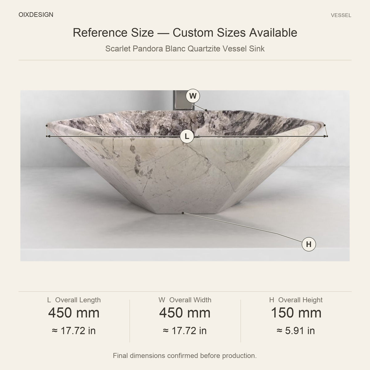 Scarlet Pandora Blanc Quartzite Vessel Sink reference overall dimensions in millimeters and inches