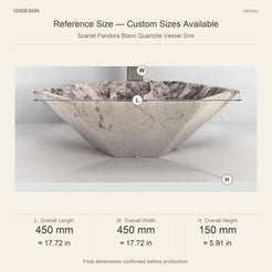 Scarlet Pandora Blanc Quartzite Vessel Sink reference overall dimensions in millimeters and inches