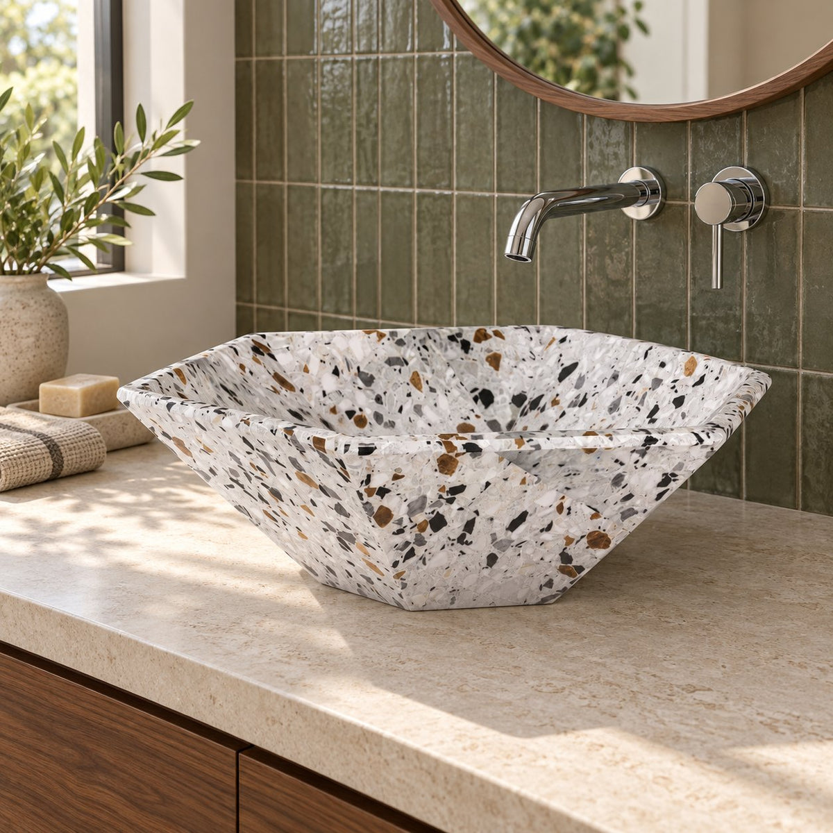 Scarlet Sky Terrazzo Vessel Sink — three-quarter bathroom lifestyle