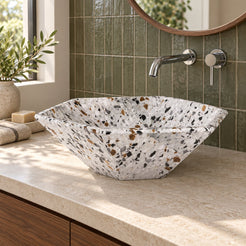 Scarlet Sky Terrazzo Vessel Sink — three-quarter bathroom lifestyle