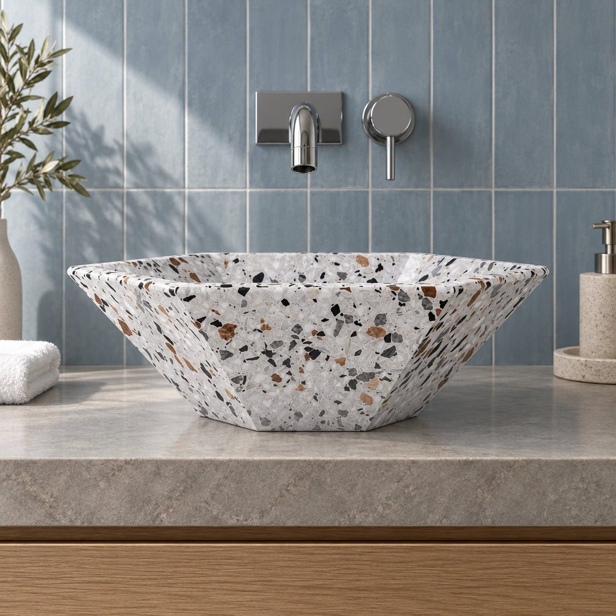 Scarlet Sky Terrazzo Vessel Sink — low frontal bathroom lifestyle