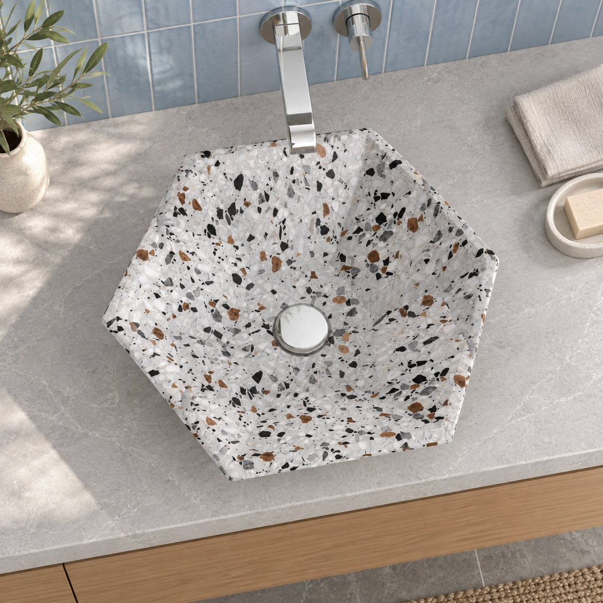 Scarlet Sky Terrazzo Vessel Sink — overhead bathroom lifestyle