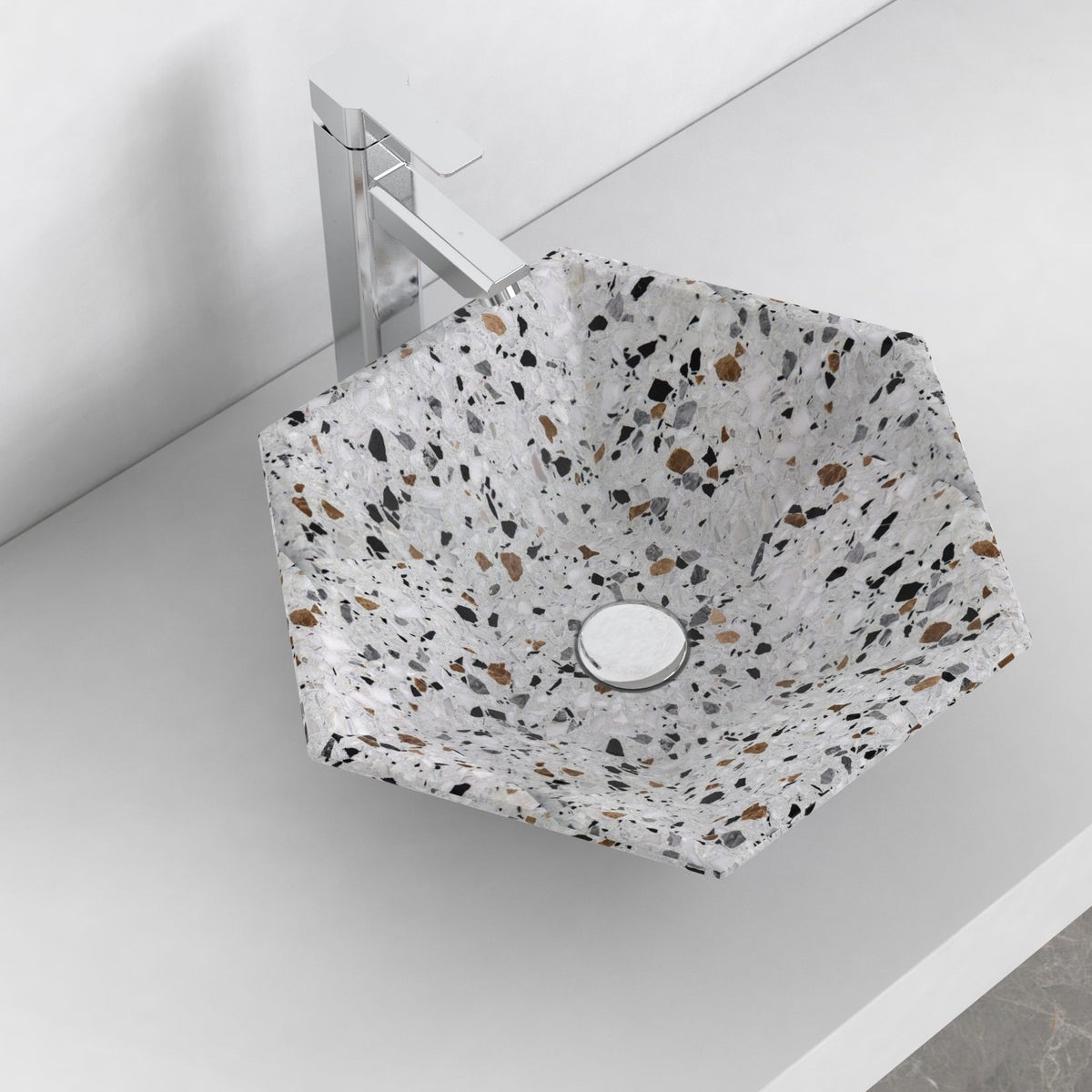 Scarlet sky terrazzo vessel sink, alternate lifestyle view showing bowl and countertop