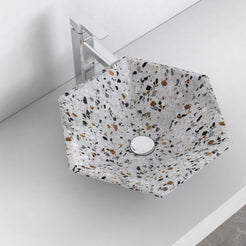 Scarlet sky terrazzo vessel sink, alternate lifestyle view showing bowl and countertop