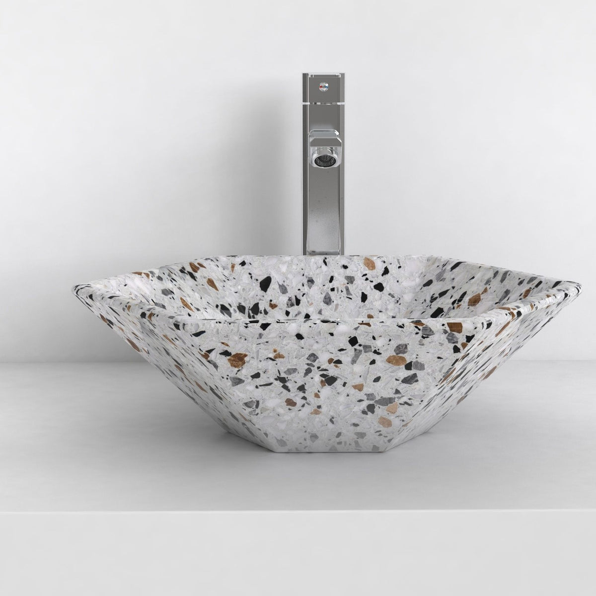 Scarlet sky terrazzo vessel sink, complete exterior shape and profile