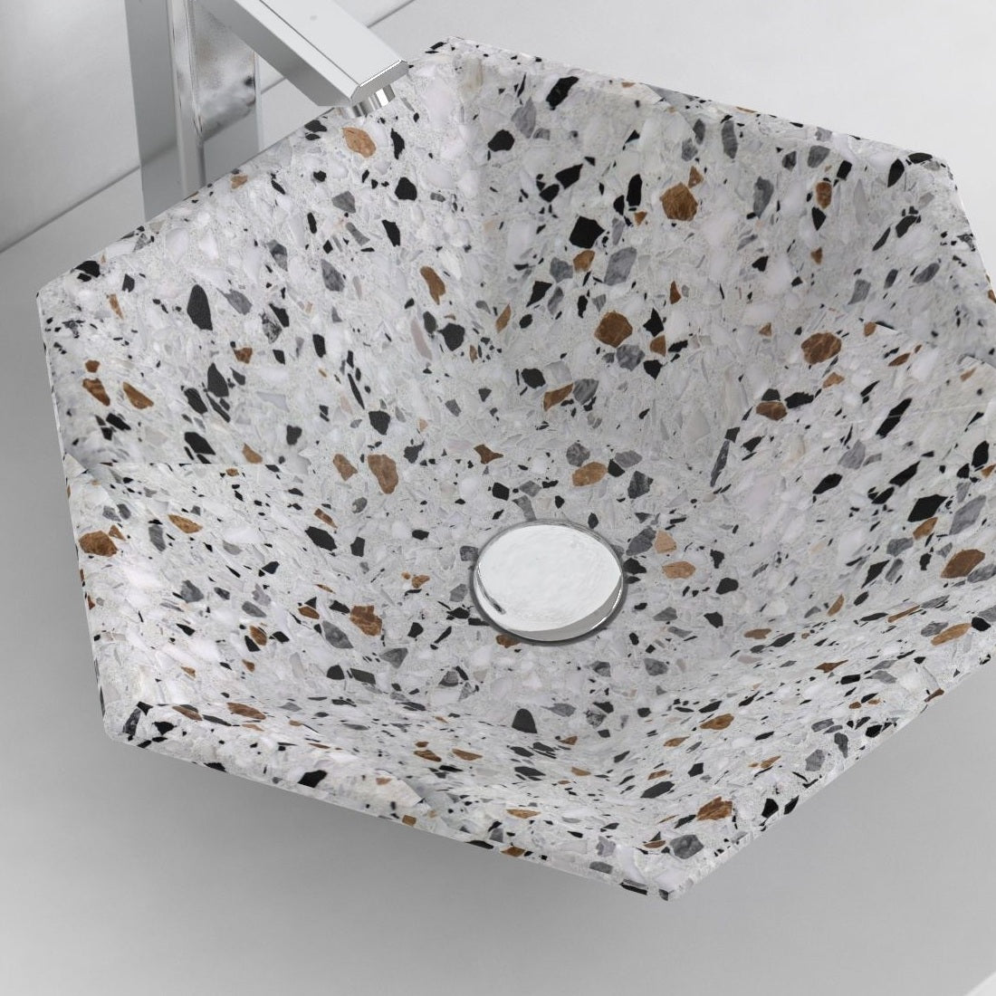Scarlet sky terrazzo vessel sink, interior and material detail