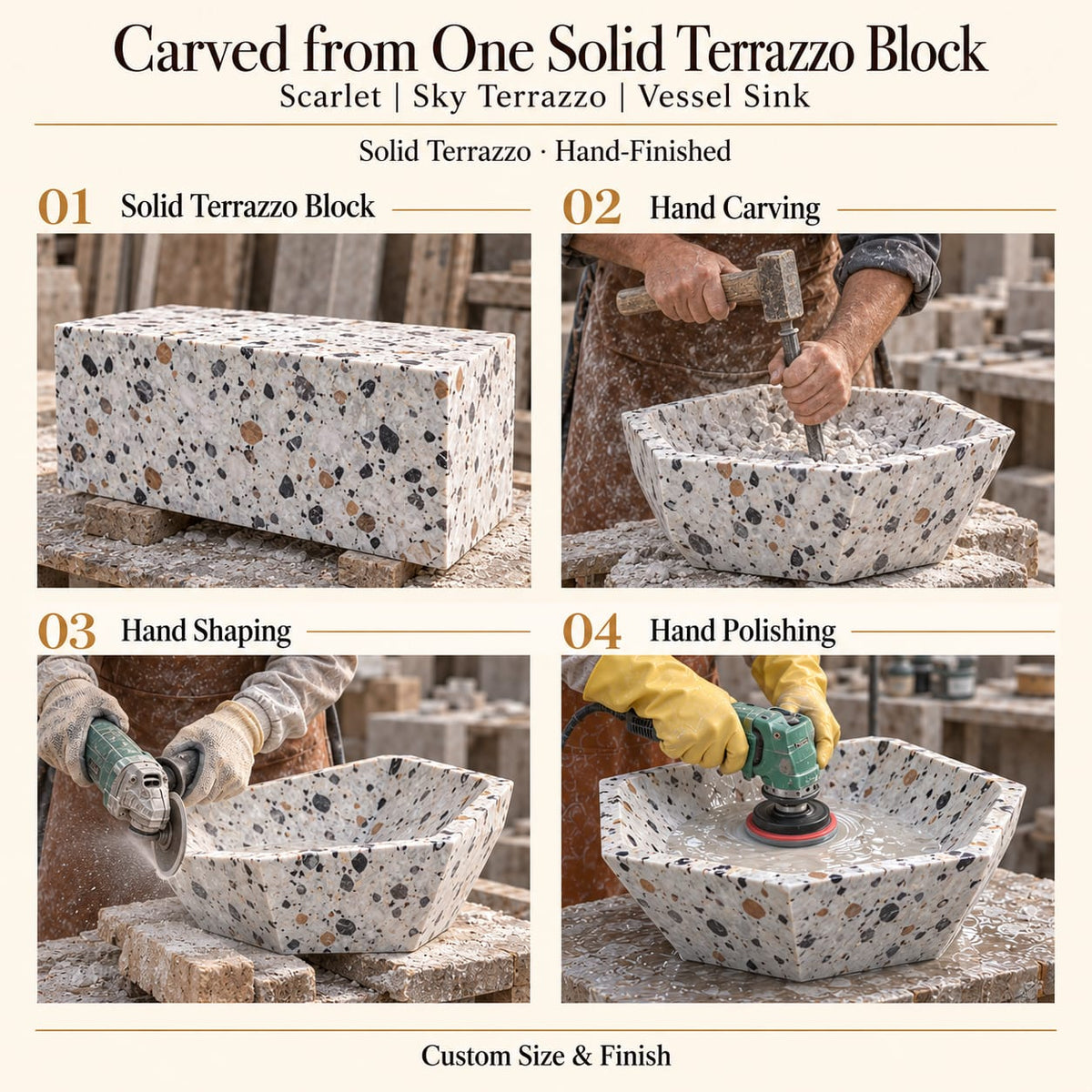 Scarlet Sky Terrazzo Vessel Sink carved from one solid terrazzo block, with hand carving, hand shaping and hand polishing; custom size and finish.