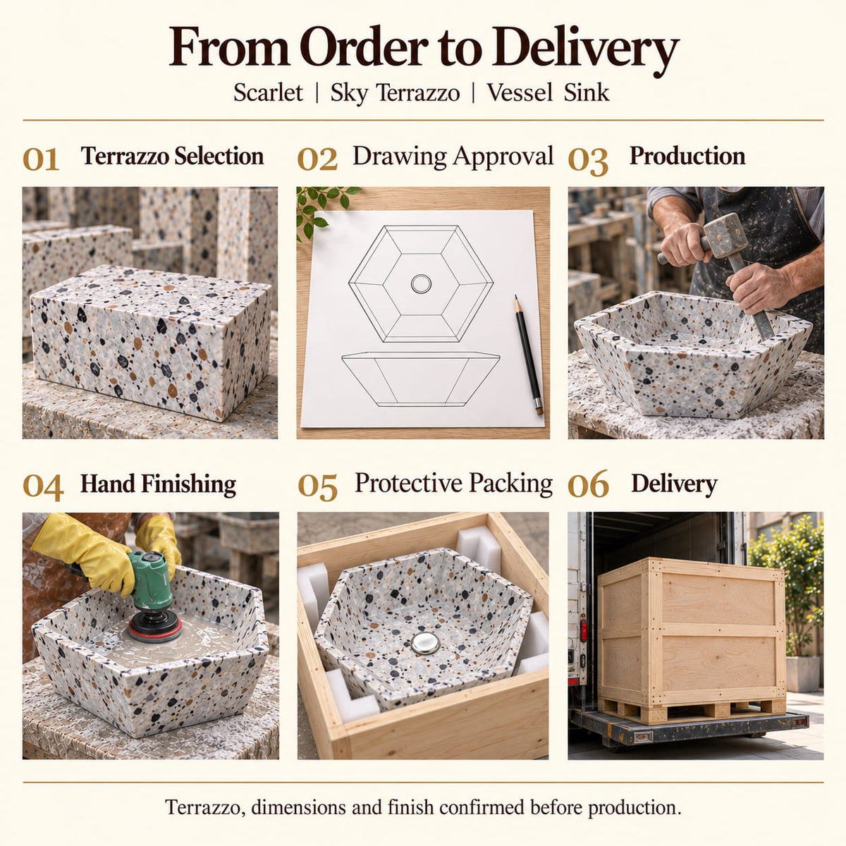 Scarlet Sky Terrazzo Vessel Sink from order to delivery: material selection, drawing approval, production, hand finishing, protective foam packing in a plywood crate and delivery; specifications confirmed before production.
