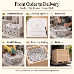 Scarlet Sky Terrazzo Vessel Sink from order to delivery: material selection, drawing approval, production, hand finishing, protective foam packing in a plywood crate and delivery; specifications confirmed before production.