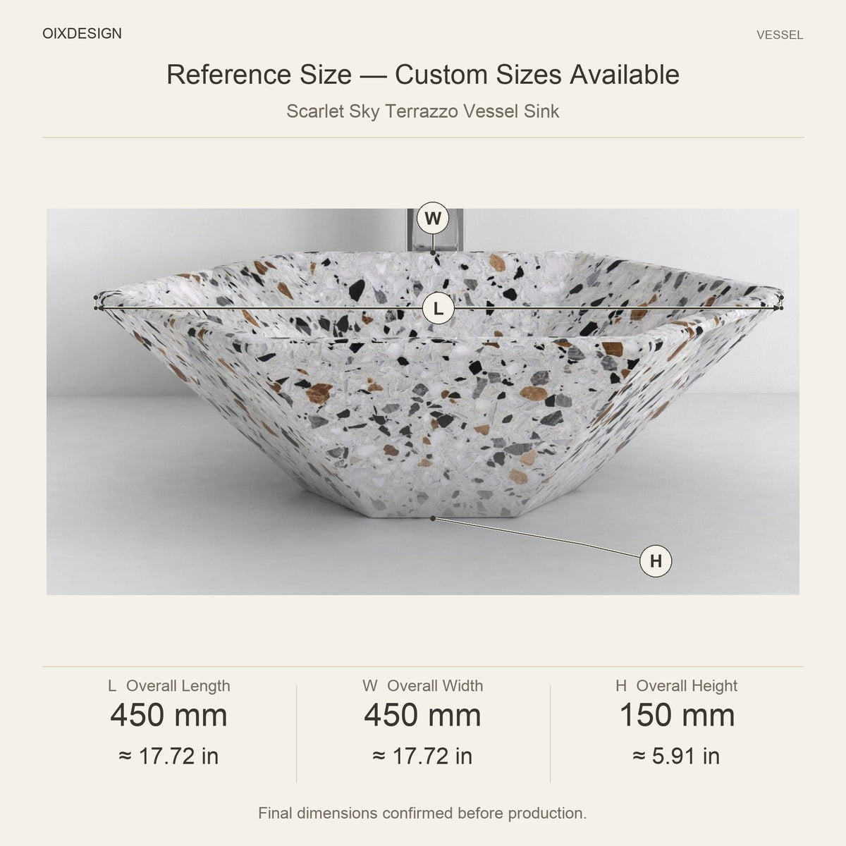 Scarlet Sky Terrazzo Vessel Sink reference overall dimensions in millimeters and inches